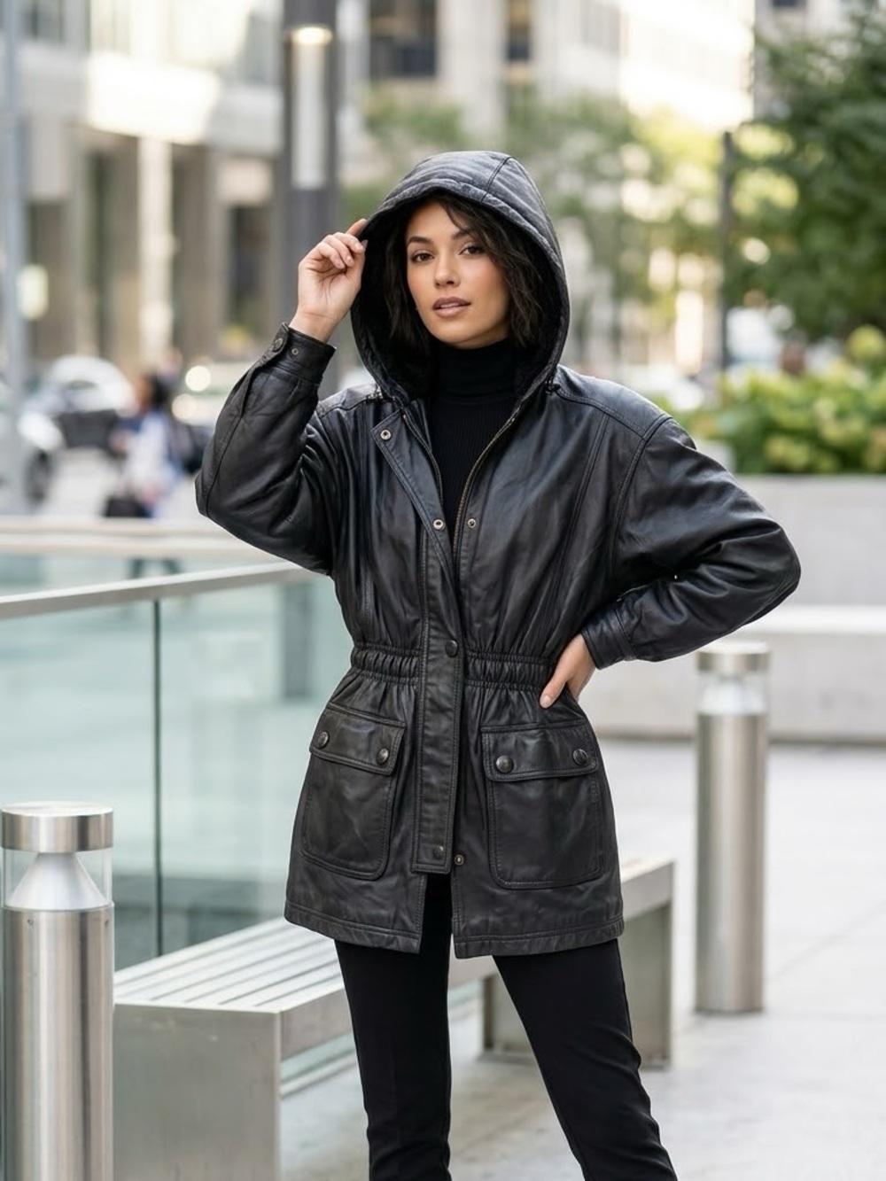 Black Hooded Leather Jacket with Elastic Waist